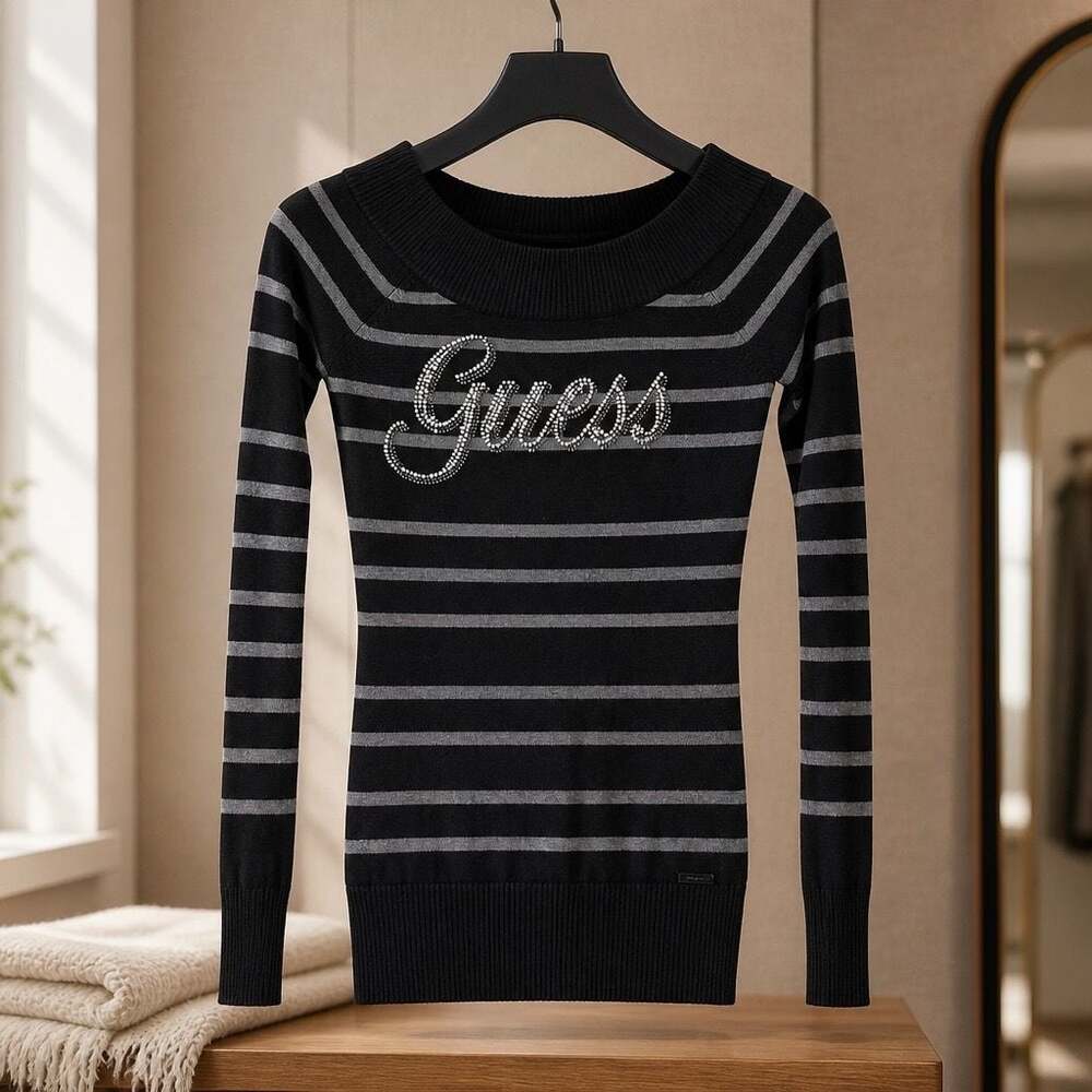 Guess Los Angeles Rhinestone Logo Striped Off-the-Shoulder Sweater #B35
